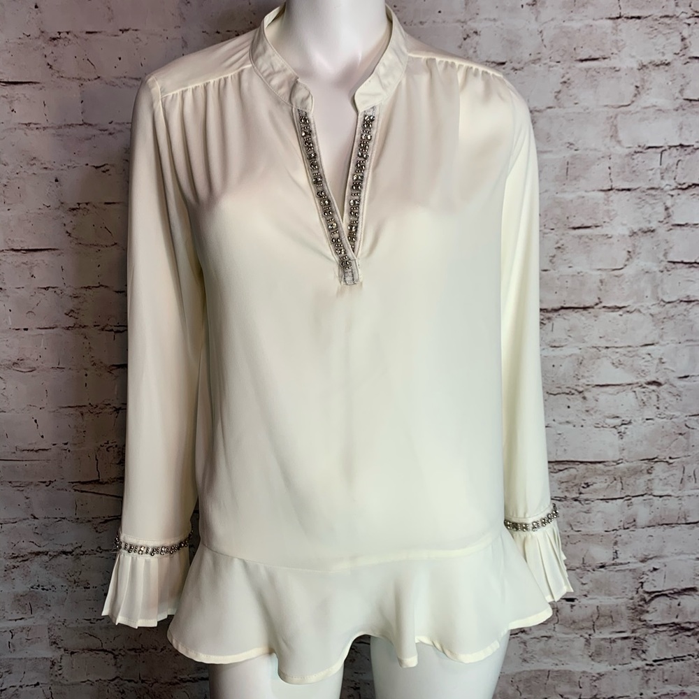 NY Collection Cream sheer diamond pleated top Med